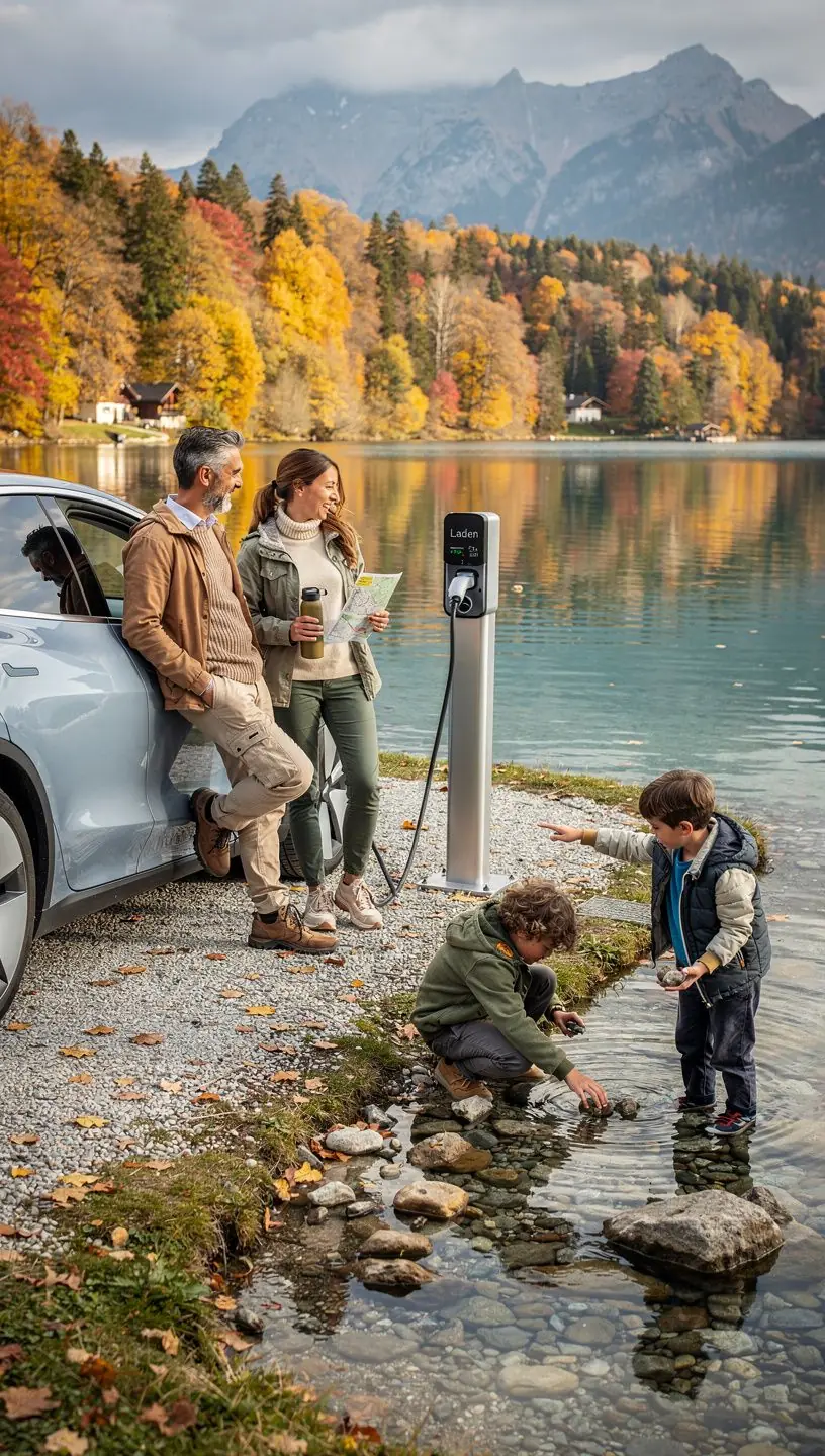 Ein umweltfreundliches E-Auto parkt vor einer Ladestation mit Solarpanelen auf dem Dach.