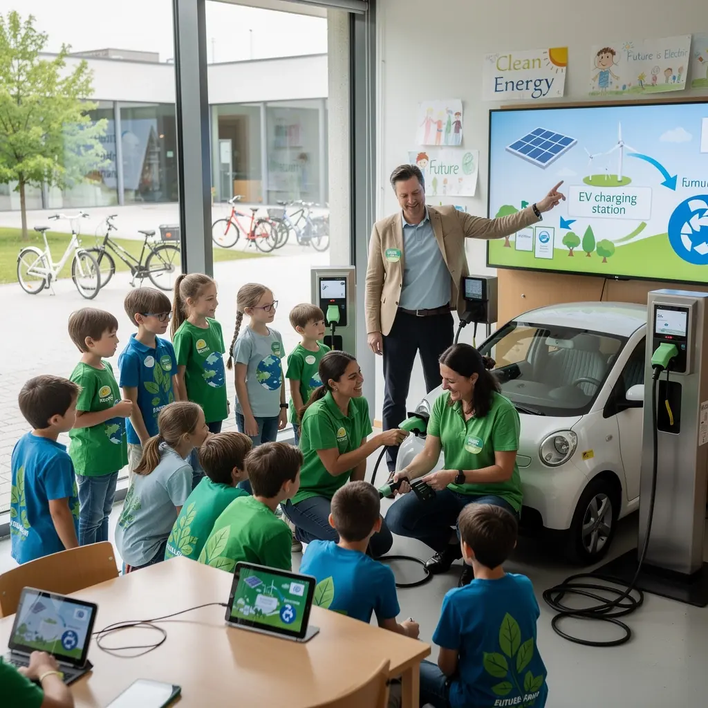 Eine Gruppe von Menschen nutzt eine Ladestation fГјr Elektrofahrzeuge in einem stГ¤dtischen Park.