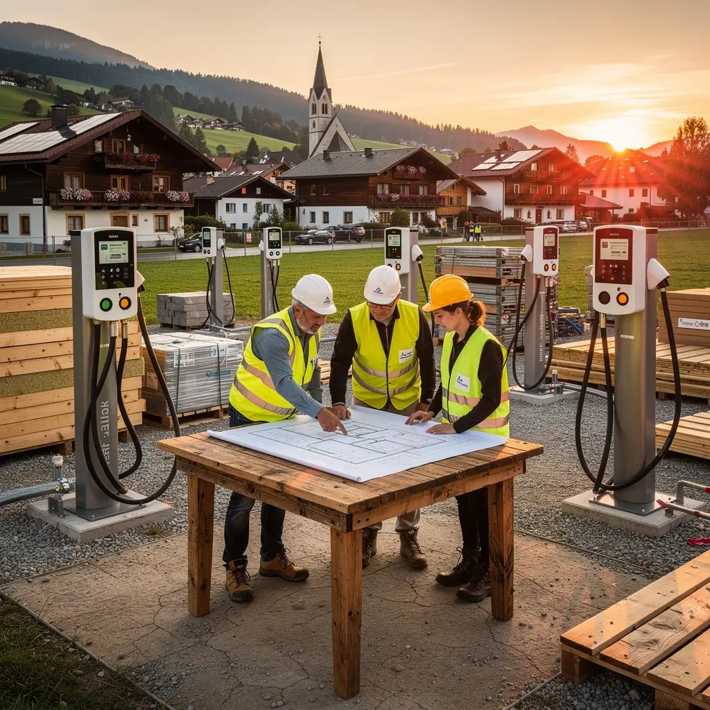 Ein Elektrofahrzeug wird an einer Schnellladestation aufgeladen, wГ¤hrend die Sonne aufgeht.