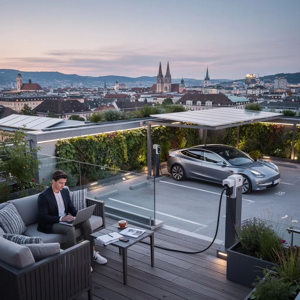 Ein glГјckliches Paar steht neben ihrem Elektroauto und genieГџt die Natur um die Ladestation.