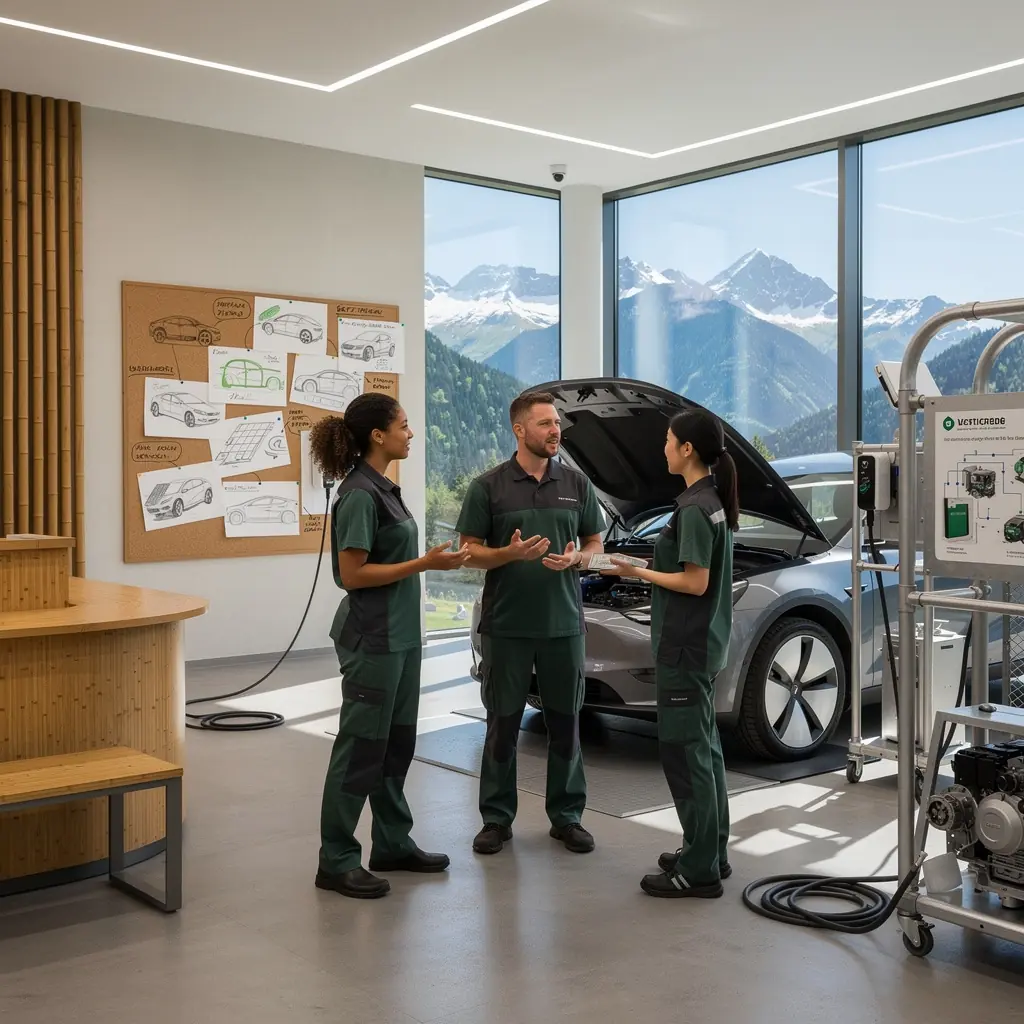 Ein Blick auf eine Ladestation, die von Bäumen und Blumen umgeben ist, umgeben von sauberer Natur.