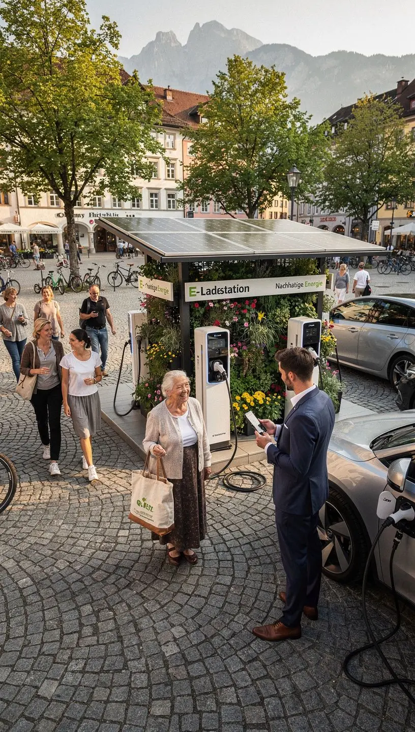 Eine Informationsanzeige über die Vorteile von Elektrofahrzeugen und nachhaltigen Energielösungen.