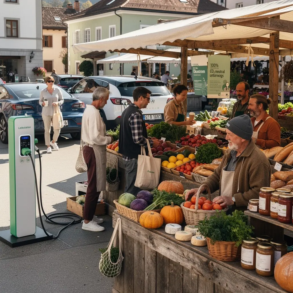 Eine moderne Elektroauto-Ladestation in einer natГјrlichen Umgebung mit grГјnen BГ¤umen.