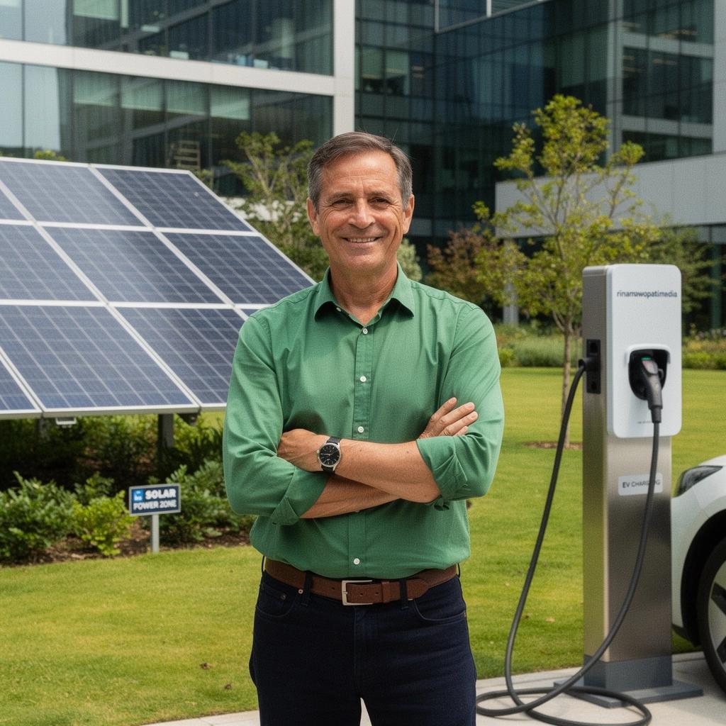 Eine moderne Elektro-Ladestation in einer grünen Umgebung mit Solarpanelen auf dem Dach.